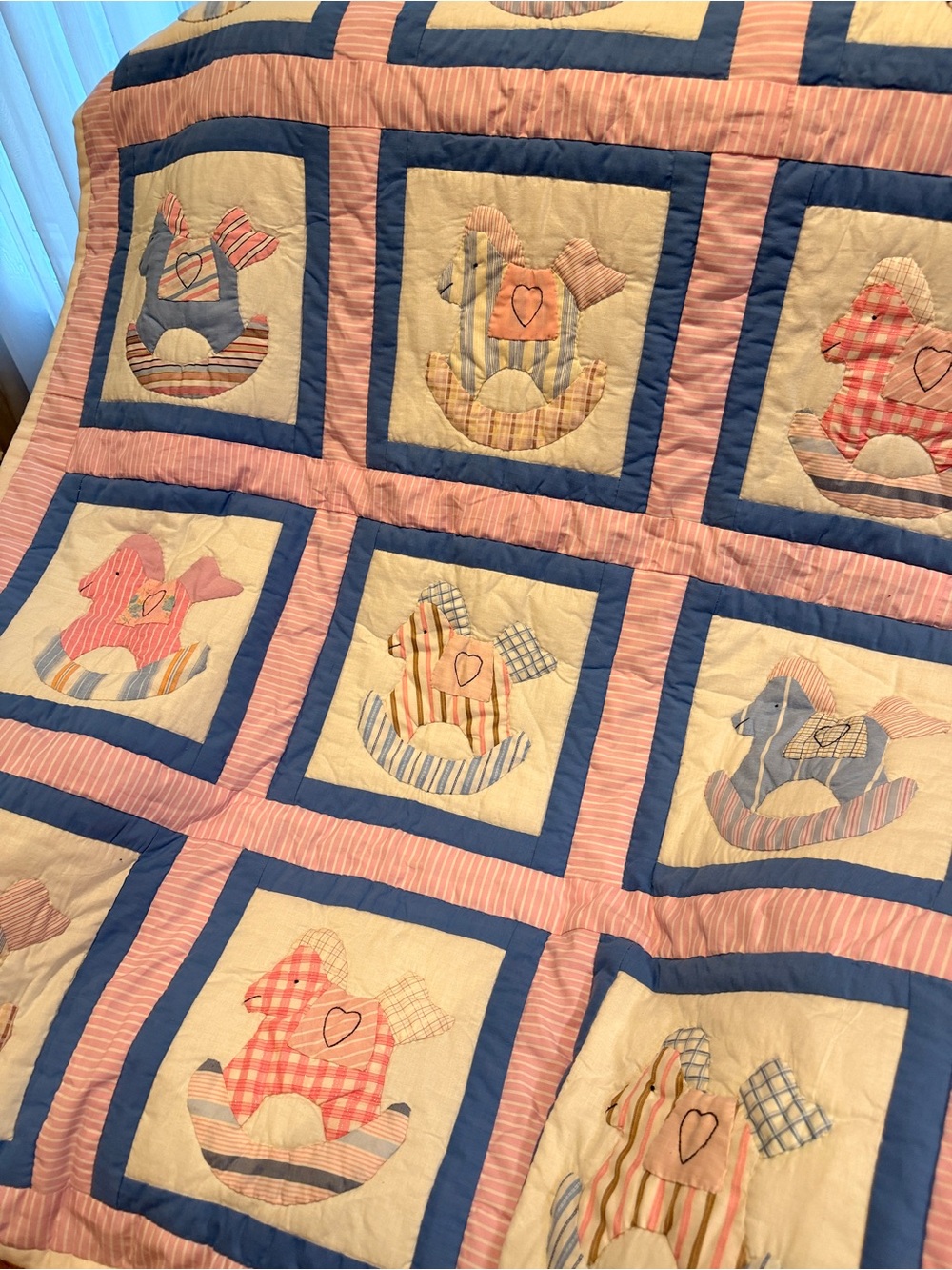 Classic Patchwork Rocking Horse Quilt in Pink and Blue